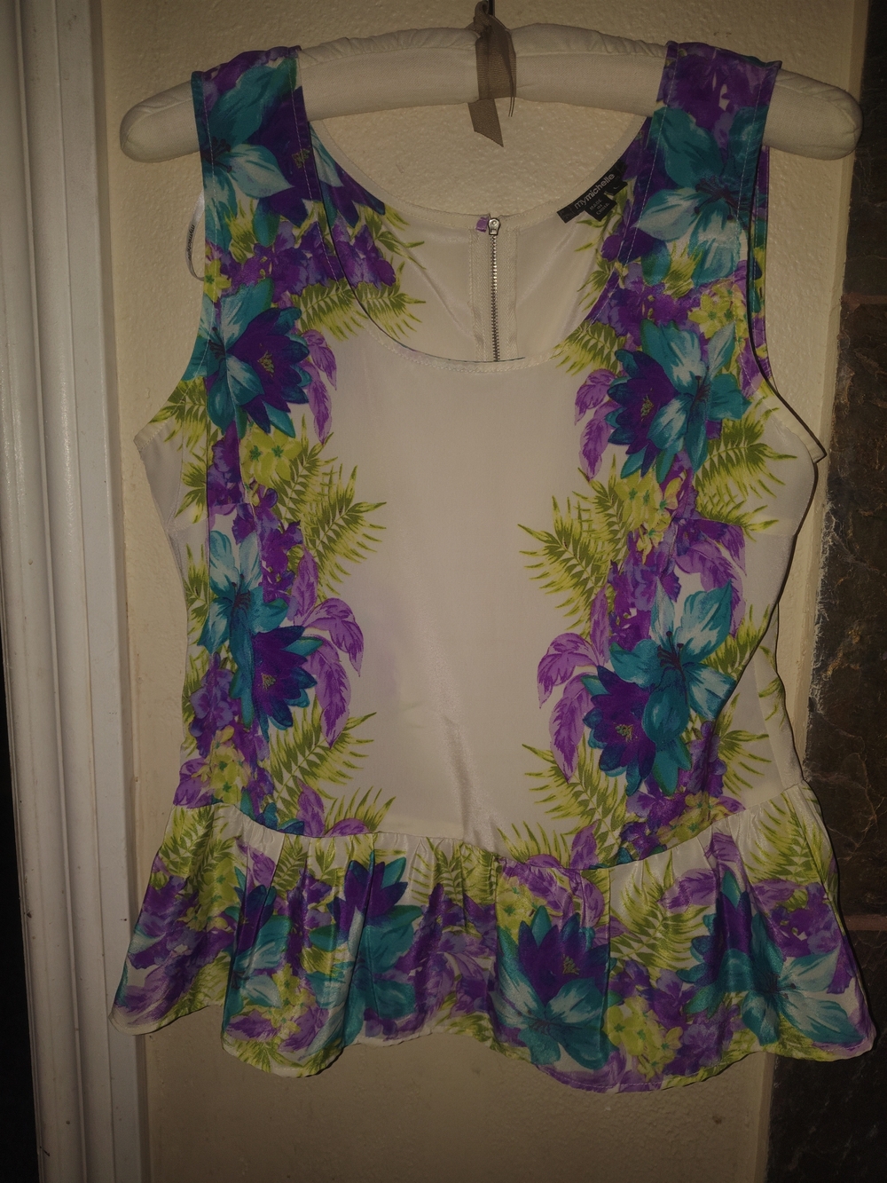 Floral Peplum Sleeveless Top — White with Purple & Teal Floral Print